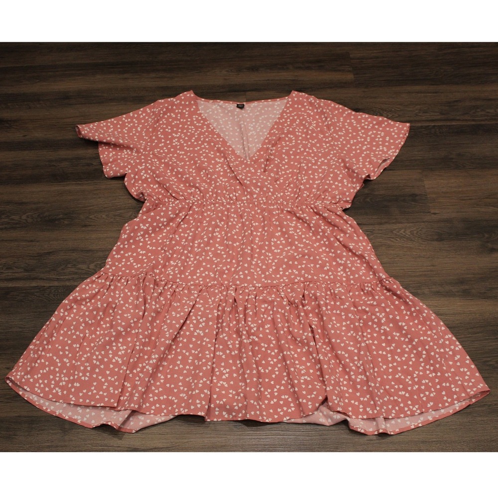 Loness Curve 4XL Dress Pink White Heart Print Short Sleeve Tiered Mini‎